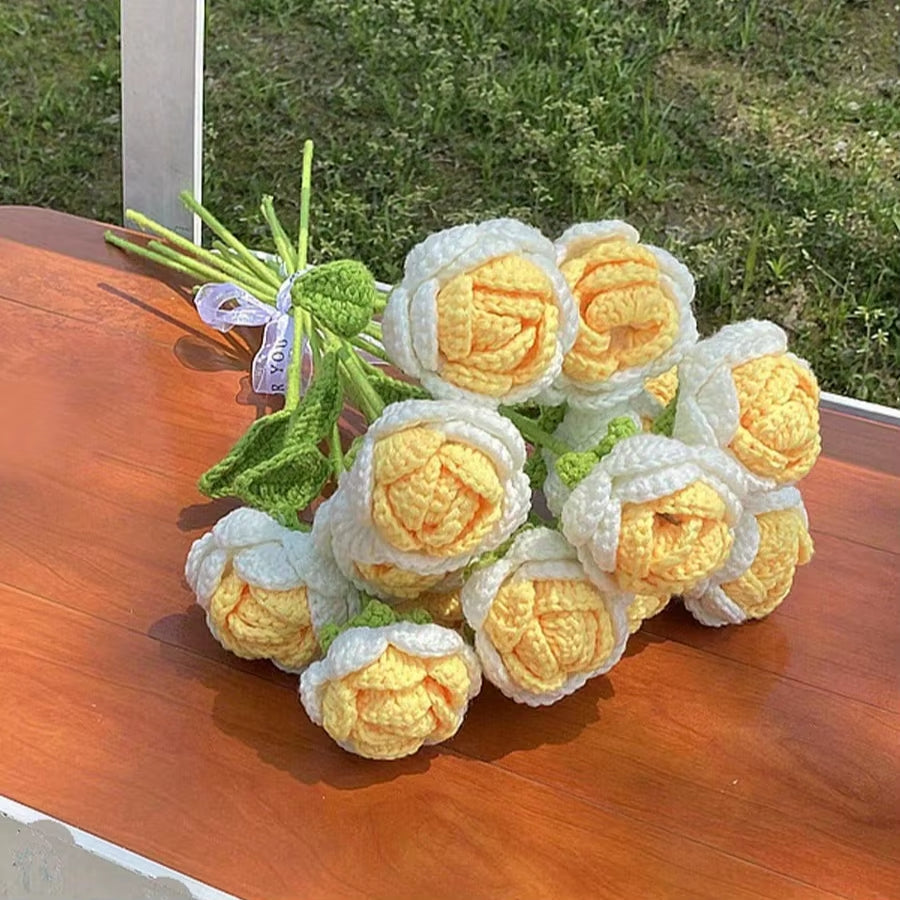 6Pcs Crochet Rose Flowers, Fake Rose Artificial Flowers Handmade Knitted Rose Bouquet Crochet Flower Bouquet Table