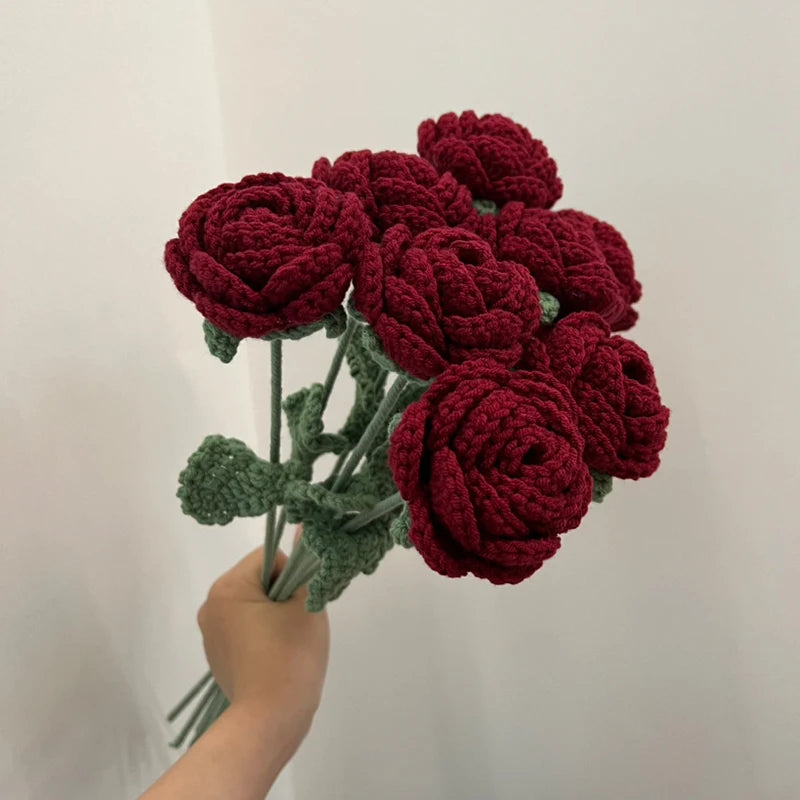 Red Roses Artificial Flowers Wool Crochet Flowers DIY Hand-Knitted Fake Flowers Wedding Bouquet Valentine'S Day Gifts Floral