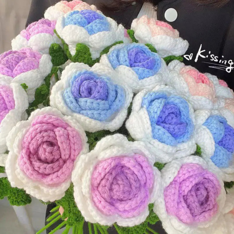 Knitted Flower Rose Tulips Fake Flowers Bouquet Wedding Decoration Hand-Woven Crochet Knitting Bouquet Home Table Decorate Gift