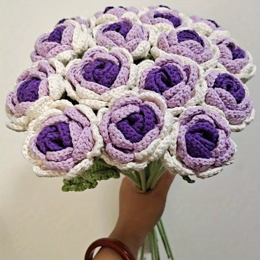 6Pcs Crochet Rose Flowers, Fake Rose Artificial Flowers Handmade Knitted Rose Bouquet Crochet Flower Bouquet Table