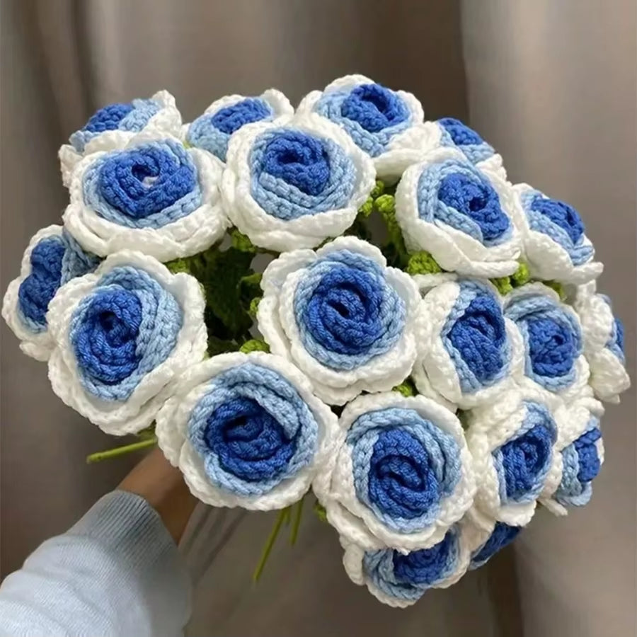 6Pcs Crochet Rose Flowers, Fake Rose Artificial Flowers Handmade Knitted Rose Bouquet Crochet Flower Bouquet Table