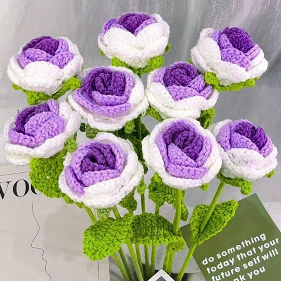 6Pcs Crochet Rose Flowers, Fake Rose Artificial Flowers Handmade Knitted Rose Bouquet Crochet Flower Bouquet Table