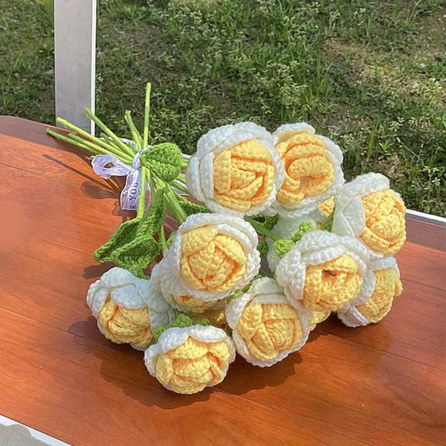 6Pcs Crochet Rose Flowers, Fake Rose Artificial Flowers Handmade Knitted Rose Bouquet Crochet Flower Bouquet Table