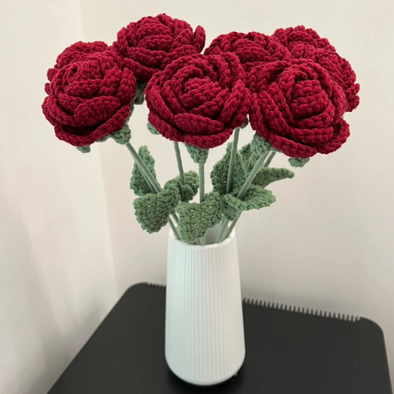 Red Roses Artificial Flowers Wool Crochet Flowers DIY Hand-Knitted Fake Flowers Wedding Bouquet Valentine'S Day Gifts Floral