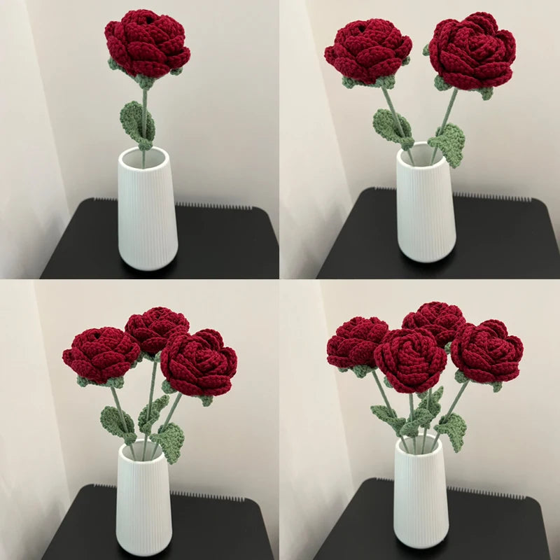 Red Roses Artificial Flowers Wool Crochet Flowers DIY Hand-Knitted Fake Flowers Wedding Bouquet Valentine'S Day Gifts Floral