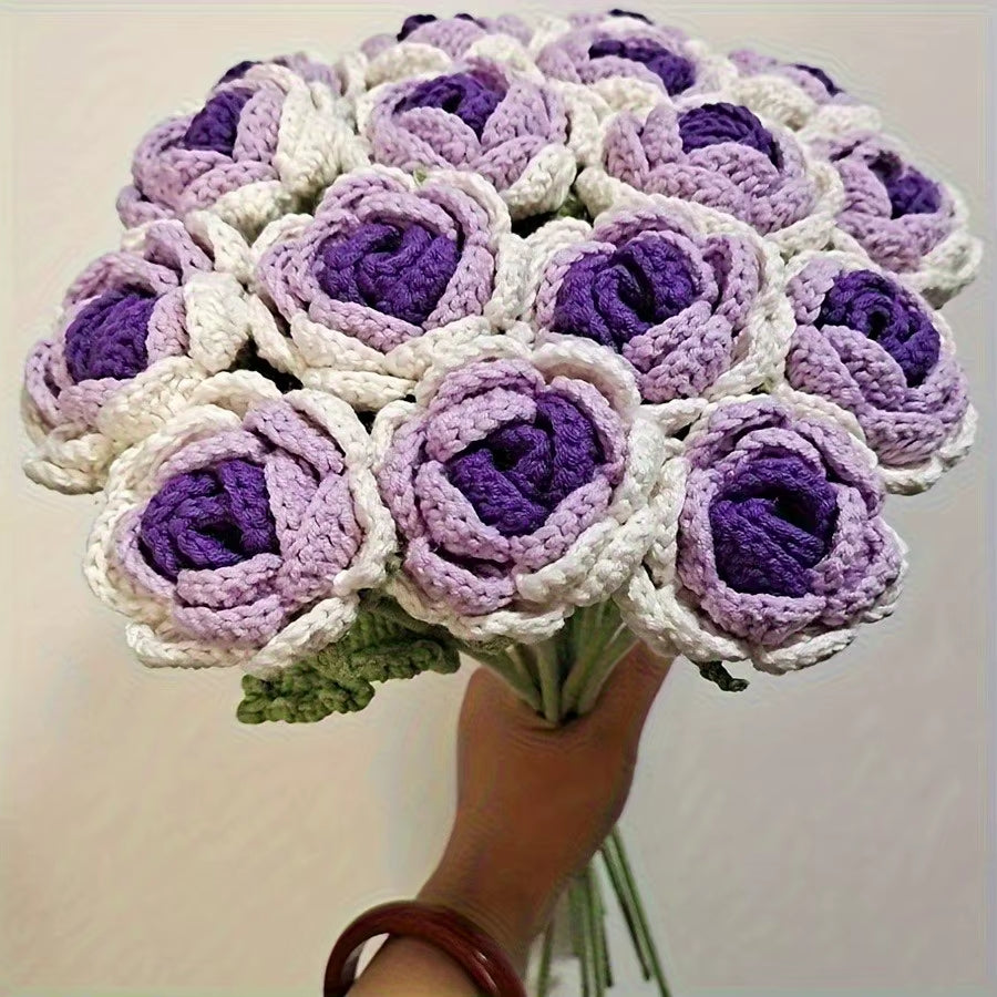 6Pcs Crochet Rose Flowers, Fake Rose Artificial Flowers Handmade Knitted Rose Bouquet Crochet Flower Bouquet Table