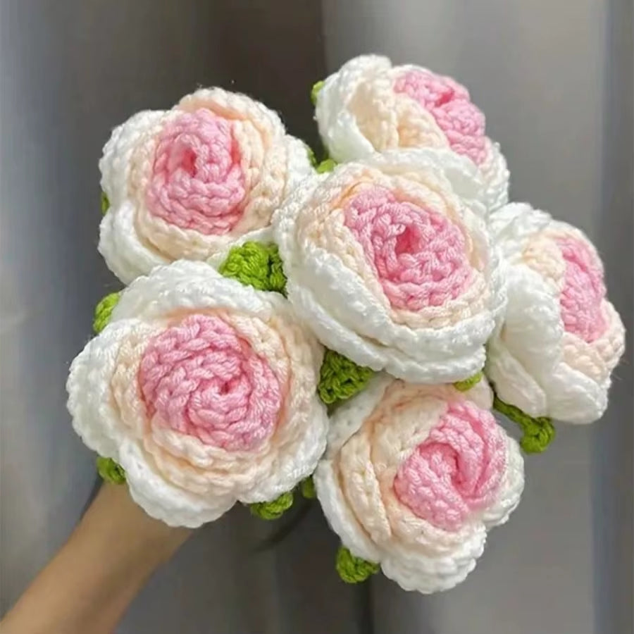 6Pcs Crochet Rose Flowers, Fake Rose Artificial Flowers Handmade Knitted Rose Bouquet Crochet Flower Bouquet Table