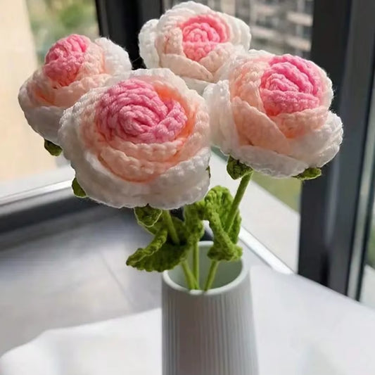 6Pcs Crochet Rose Flowers, Fake Rose Artificial Flowers Handmade Knitted Rose Bouquet Crochet Flower Bouquet Table