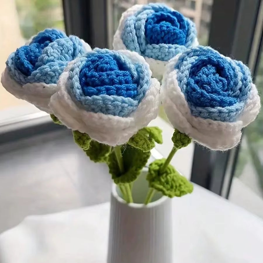 6Pcs Crochet Rose Flowers, Fake Rose Artificial Flowers Handmade Knitted Rose Bouquet Crochet Flower Bouquet Table